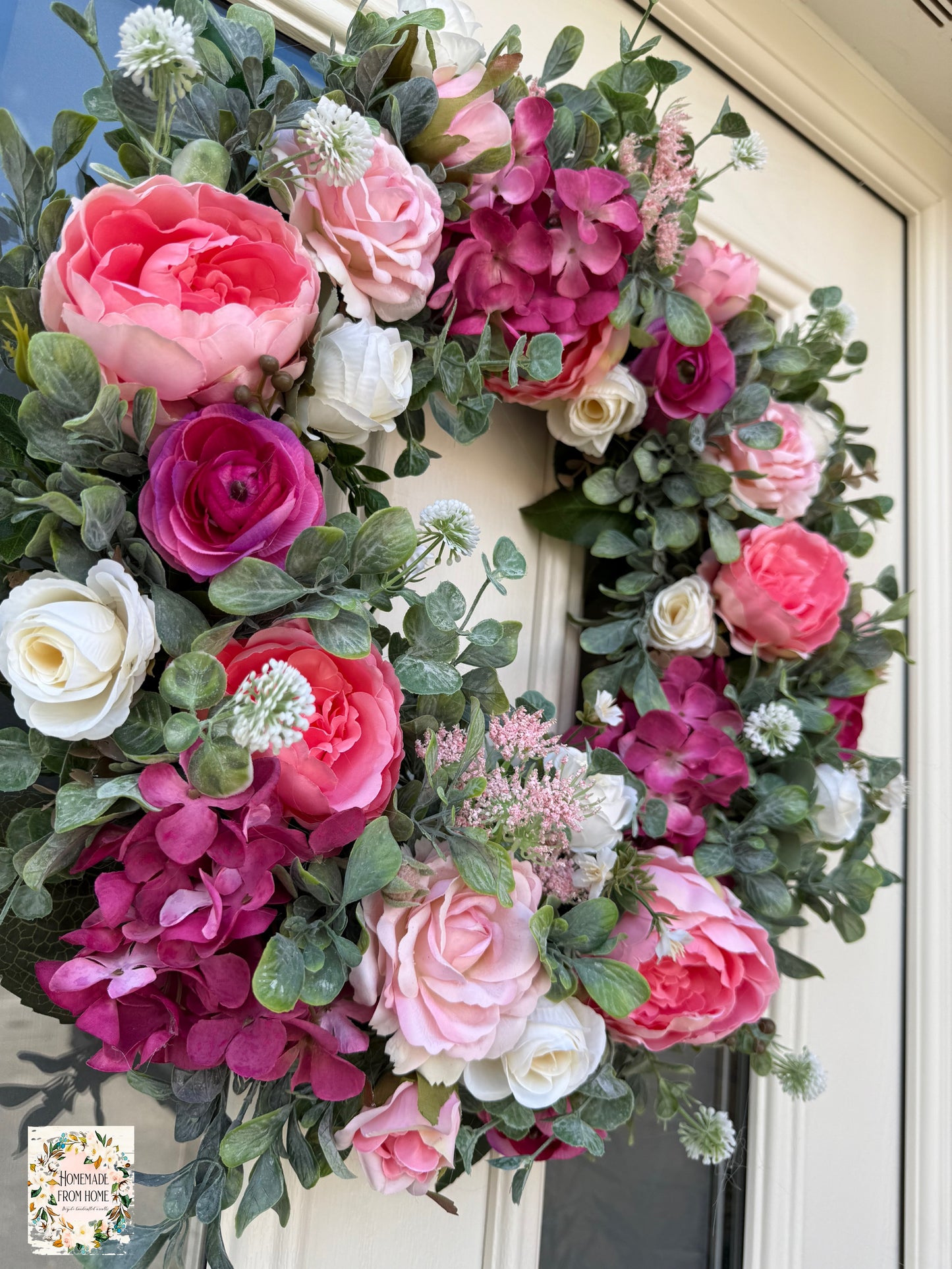 Pink rose and peony wreath