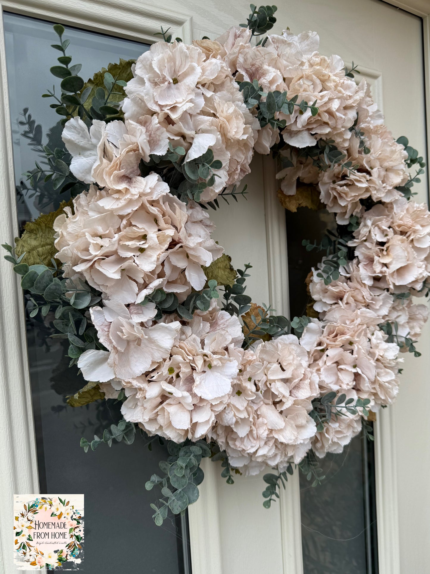 Cream hydrangea and eucalyptus wreath