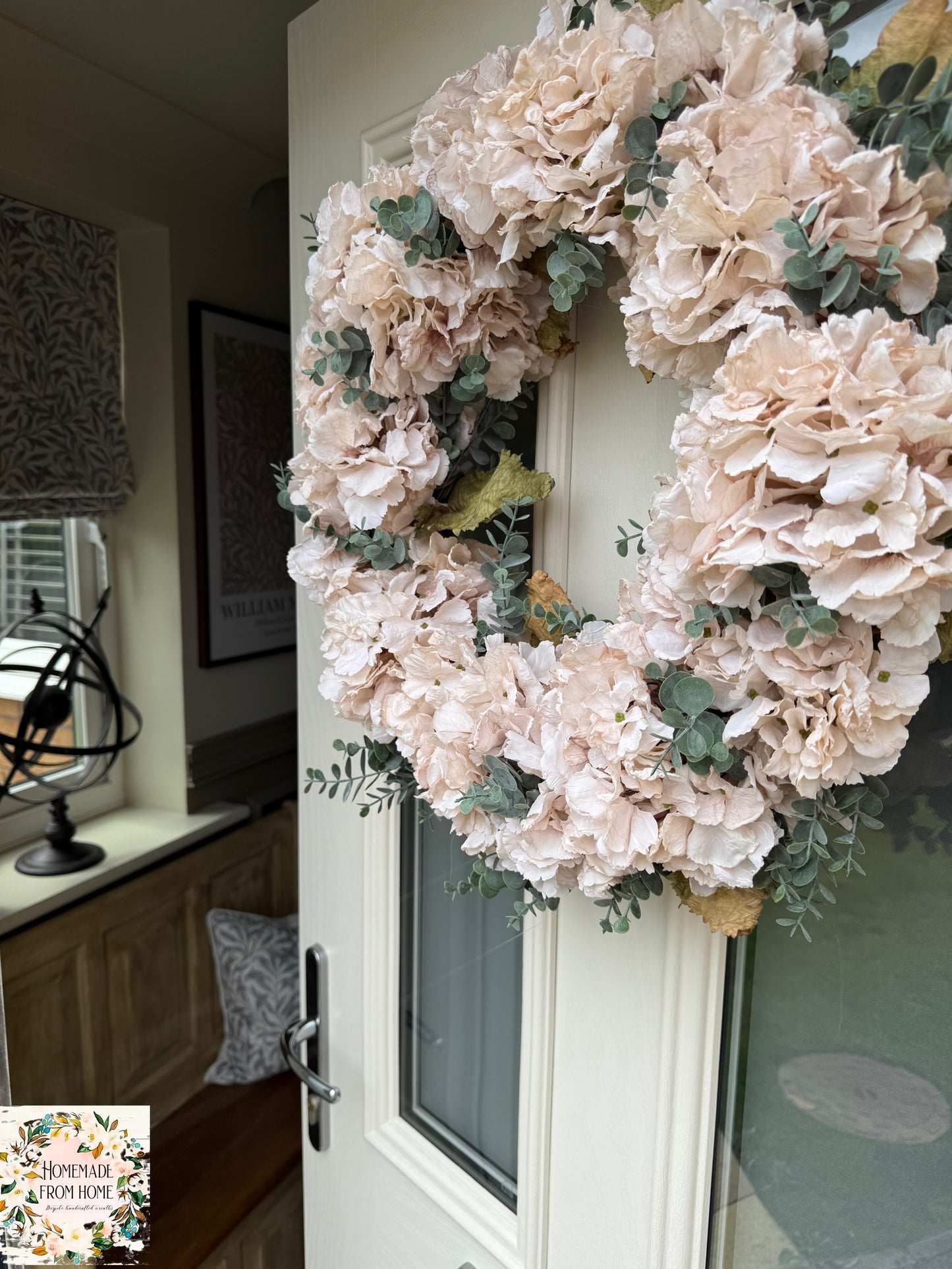 Cream hydrangea and eucalyptus wreath
