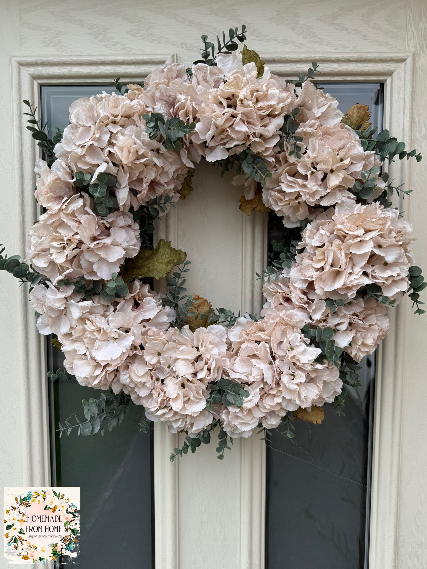 Cream hydrangea and eucalyptus wreath