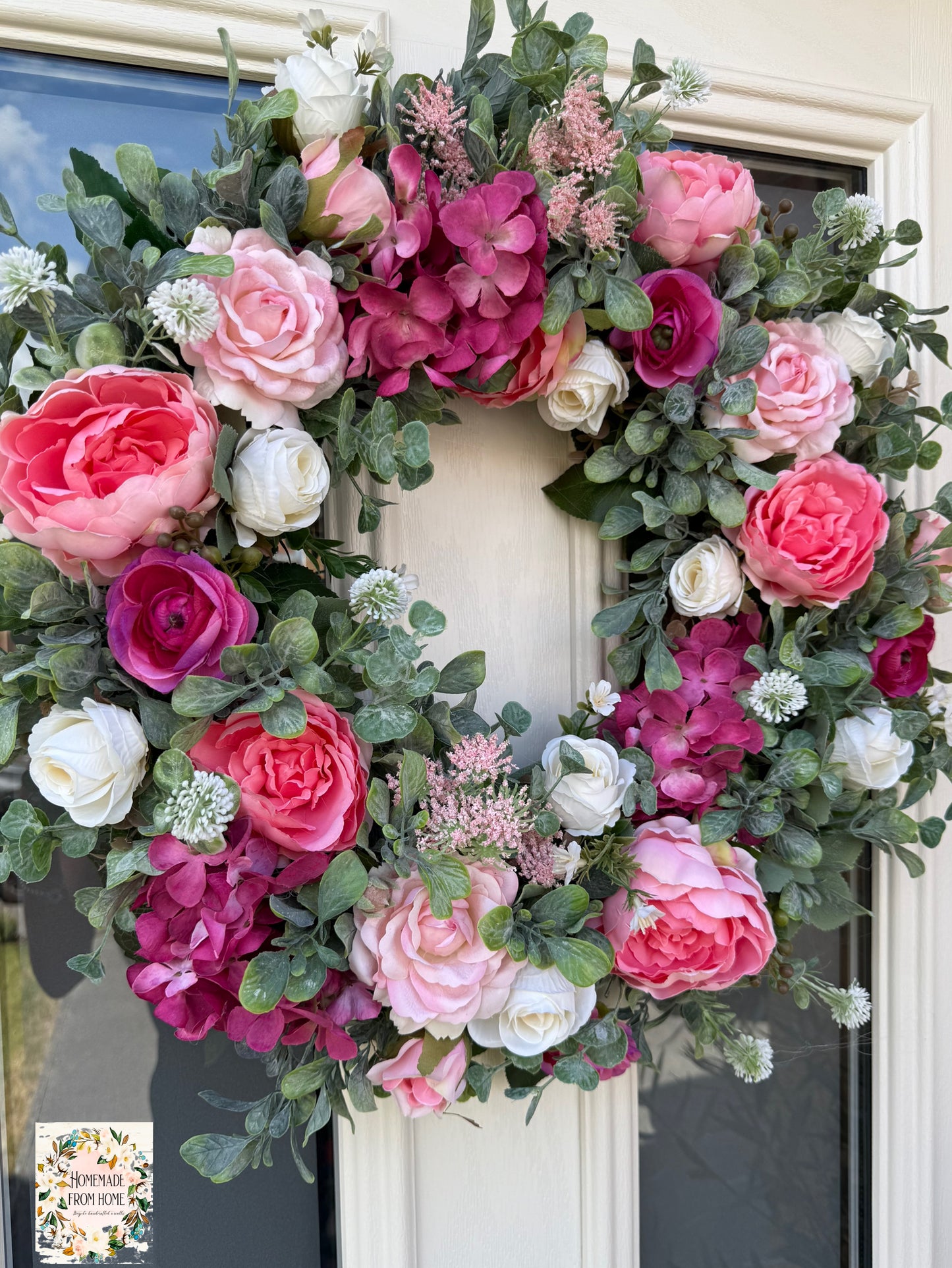 Pink rose and peony wreath
