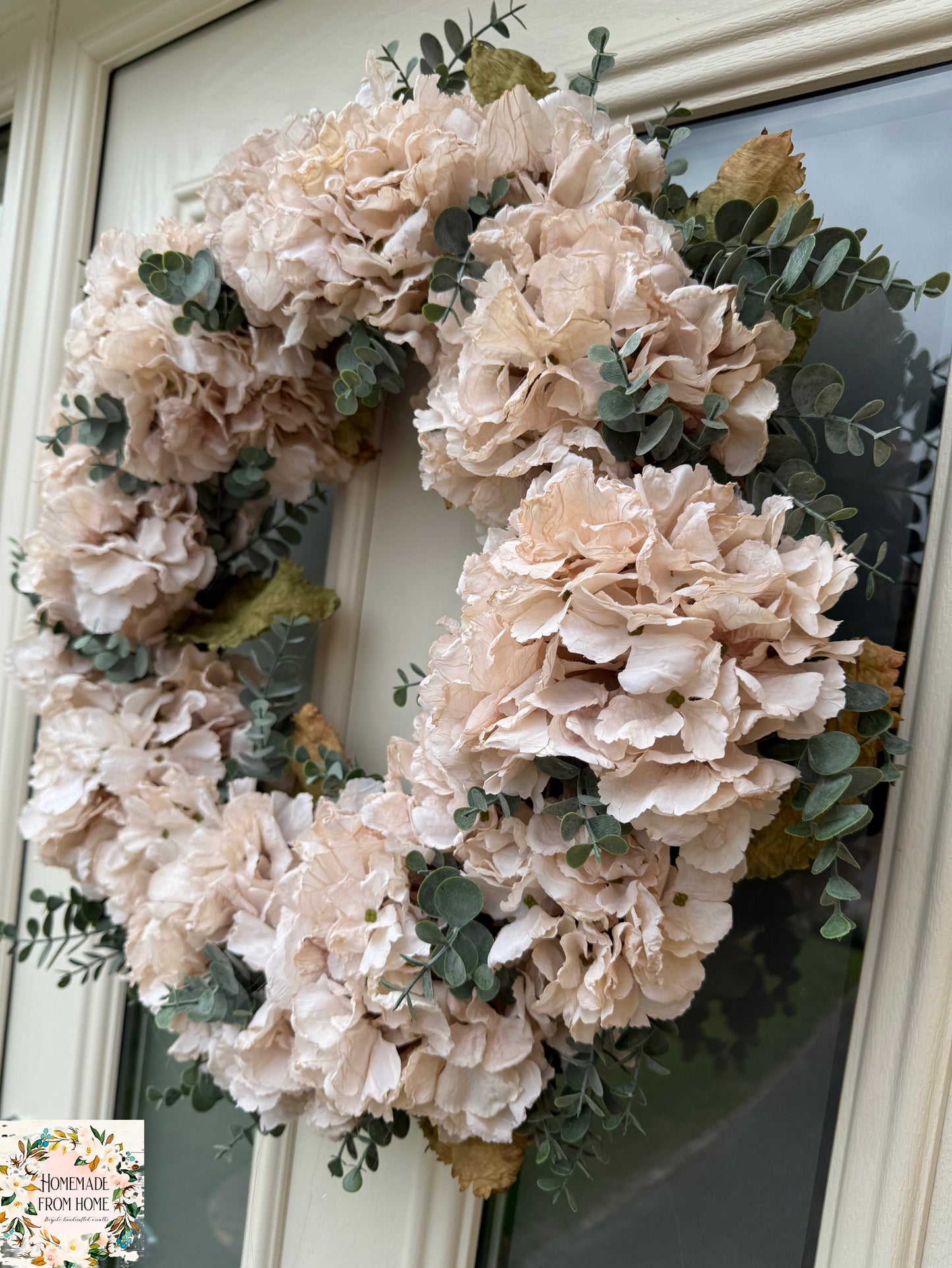 Cream hydrangea and eucalyptus wreath