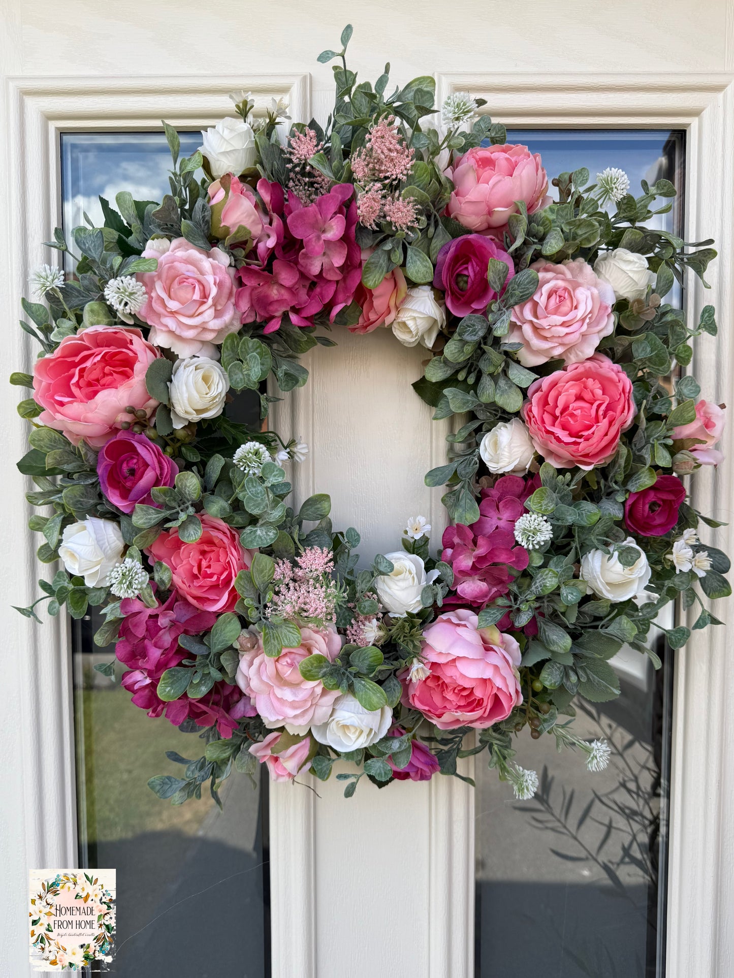 Pink rose and peony wreath