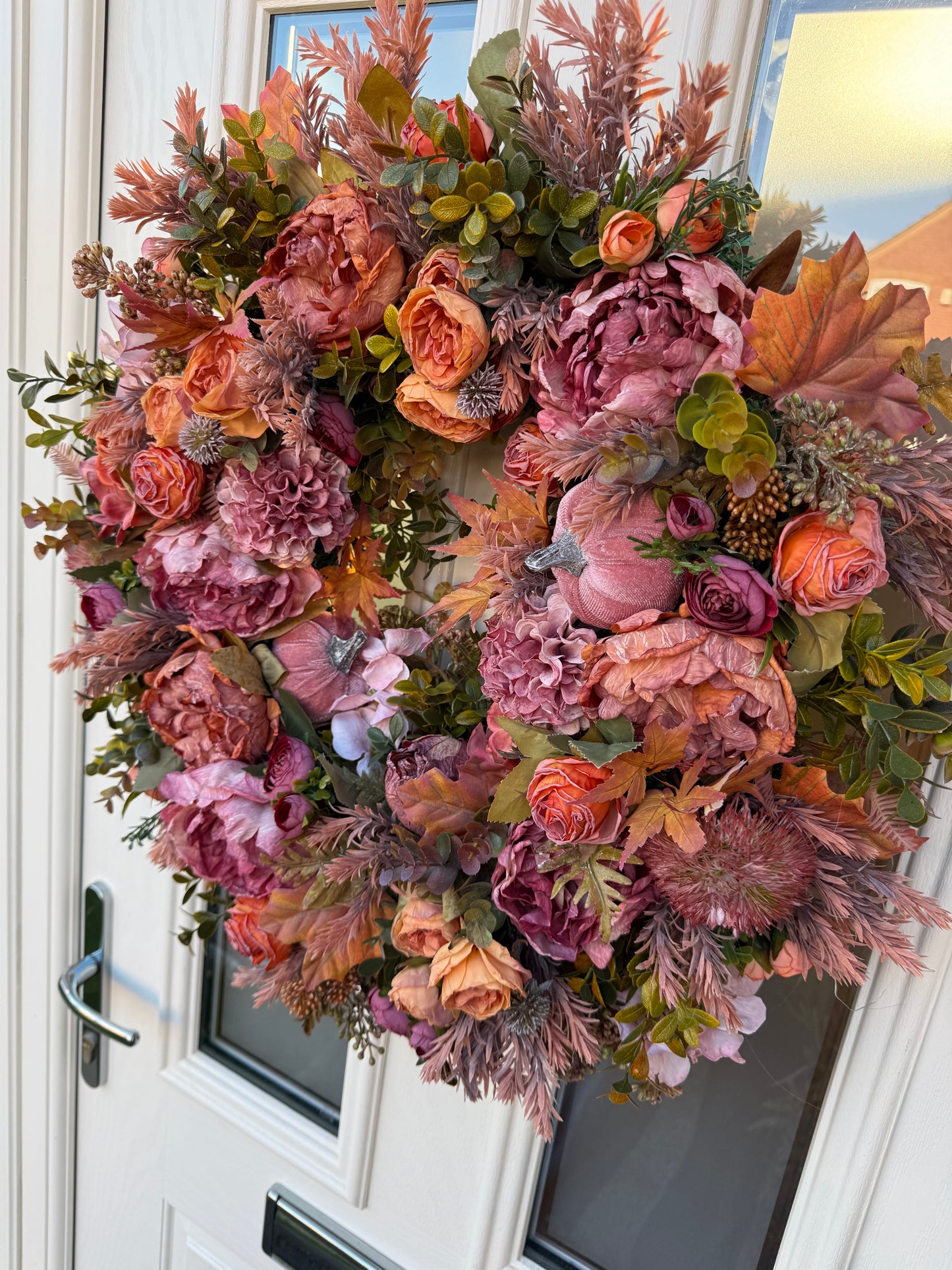 Pink velvet pumpkin and orange wreath