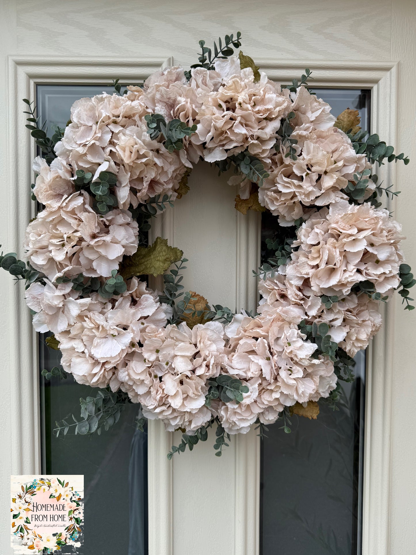 Cream hydrangea and eucalyptus wreath