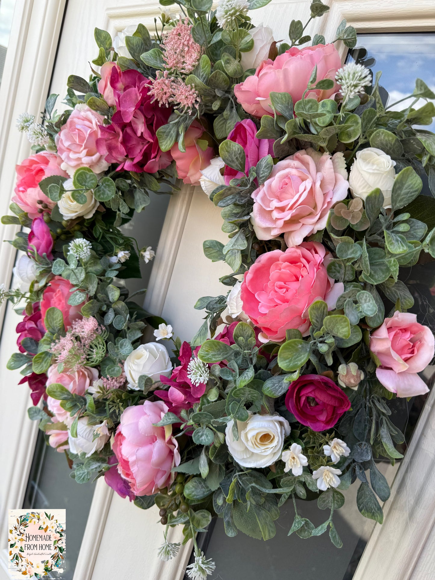 Pink rose and peony wreath