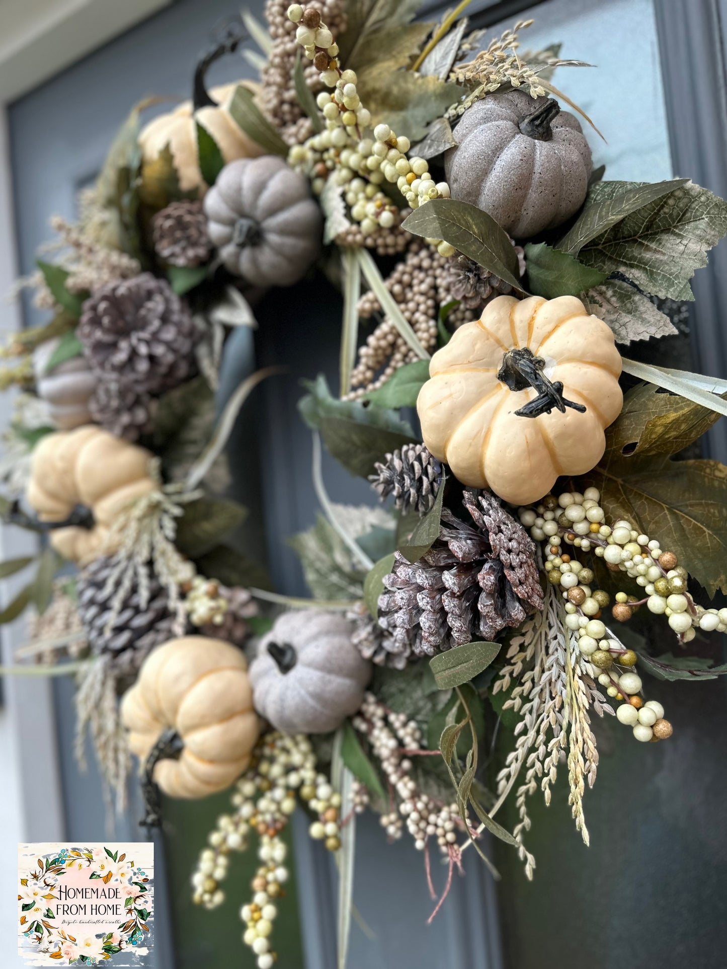 Full pumpkin and wheatgrass wreath