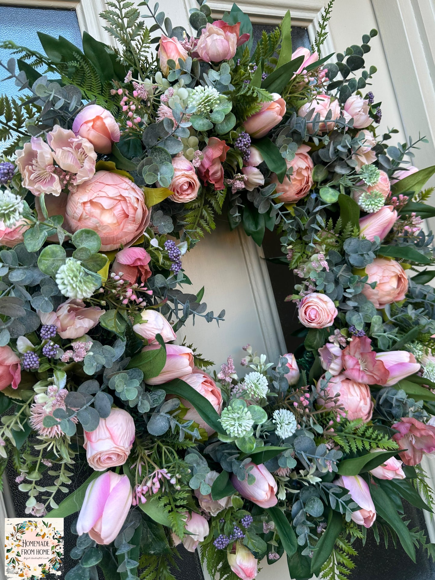 Pink peony & tulip spring wreath