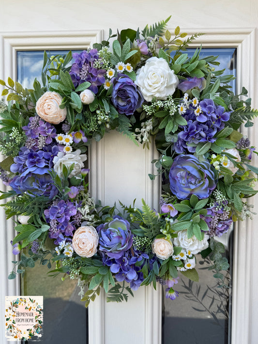 Purple peony and hydrangea wreath