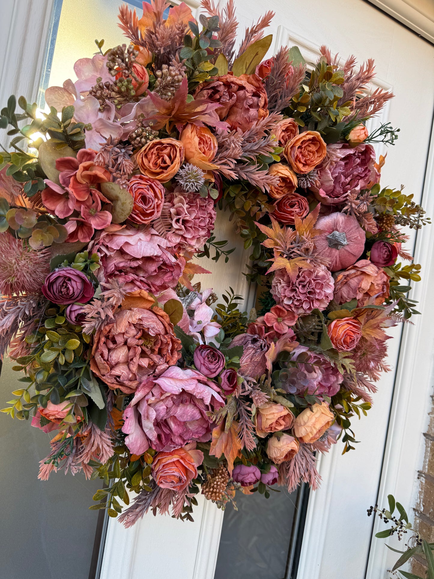 Pink velvet pumpkin and orange wreath