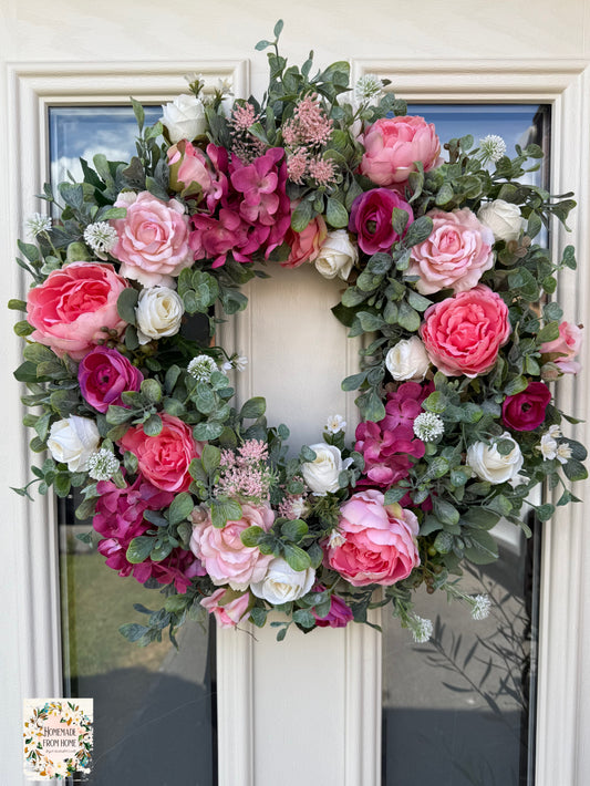Pink rose and peony wreath