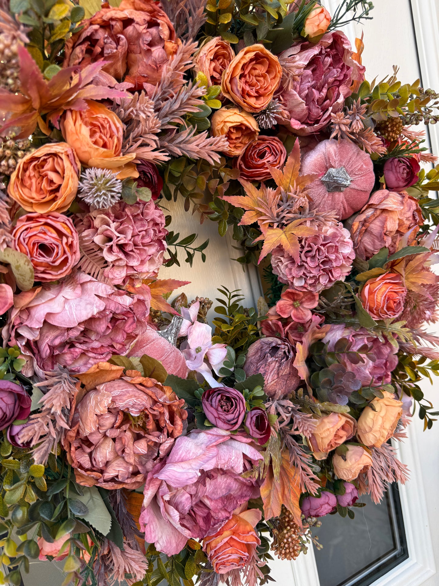 Pink velvet pumpkin and orange wreath