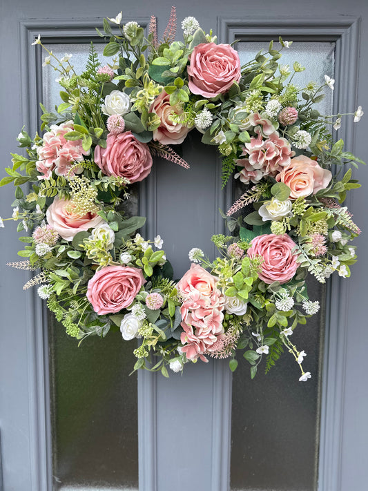 Pink rose and hydrangea wreath