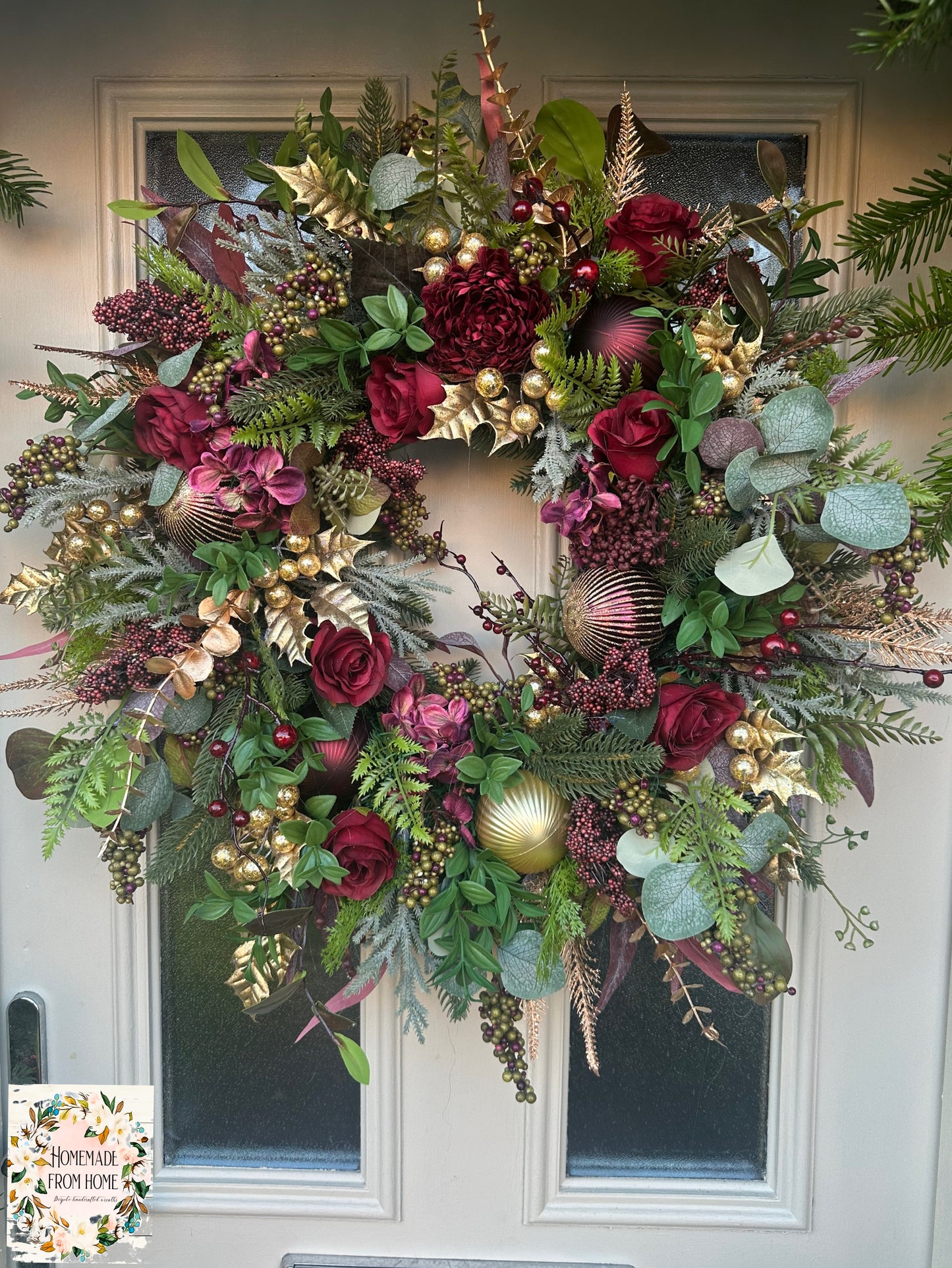 Burgundy rose & gold holly Christmas wreath