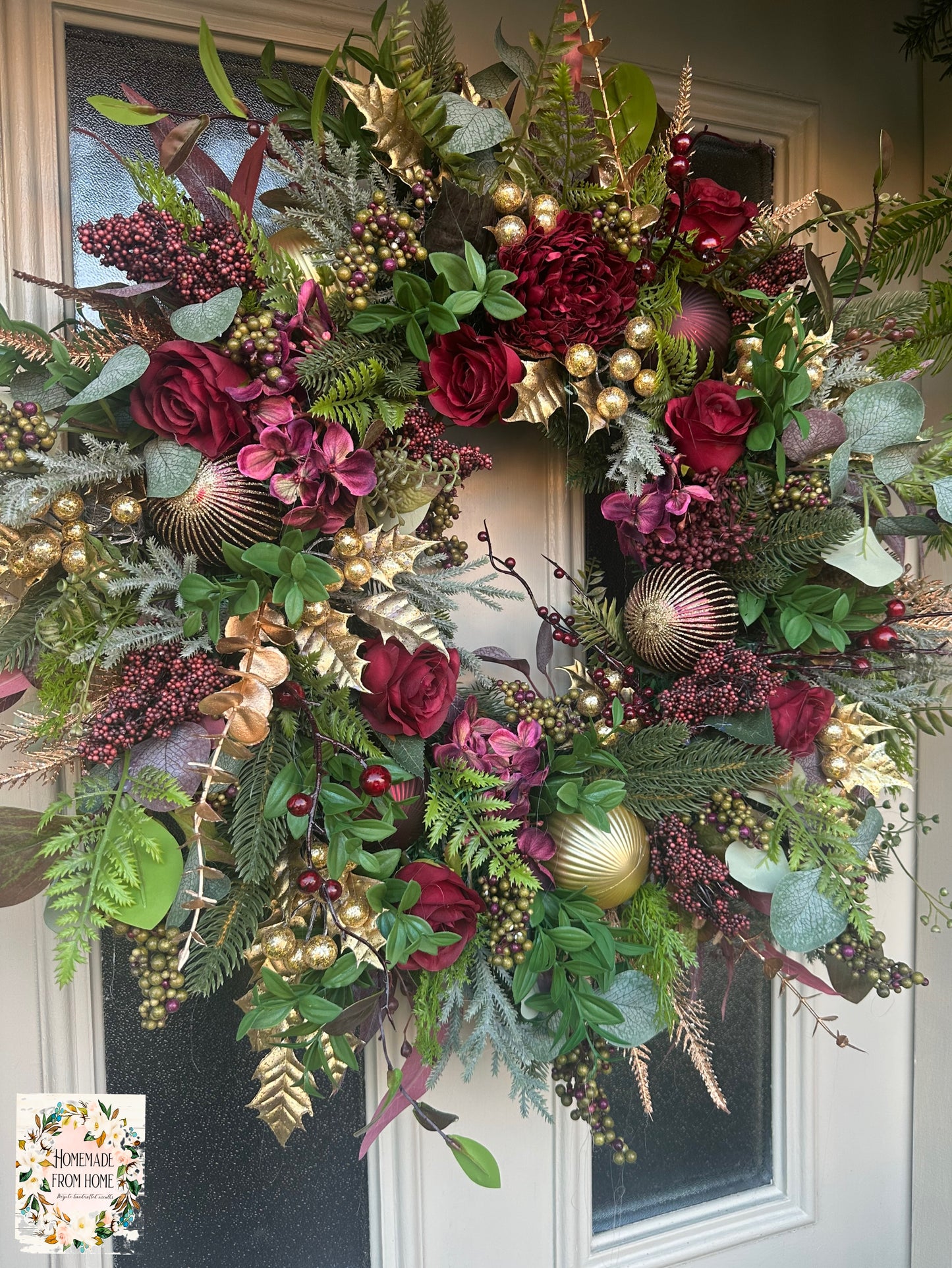 Burgundy rose & gold holly Christmas wreath