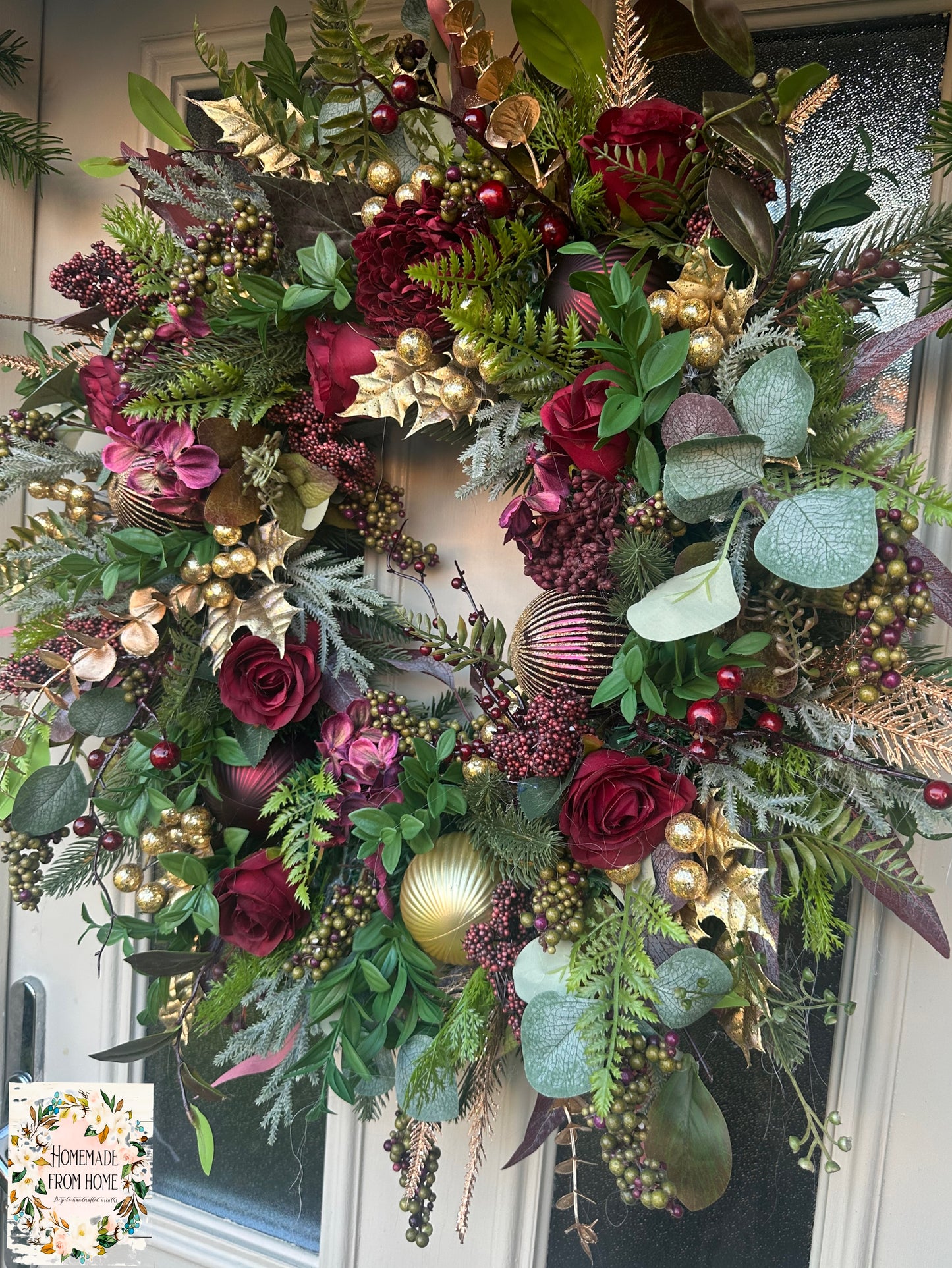 Burgundy rose & gold holly Christmas wreath