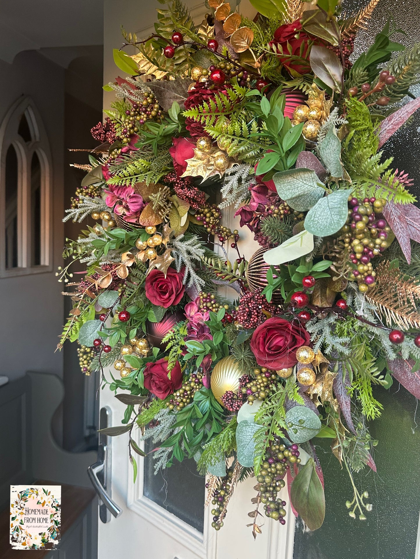 Burgundy rose & gold holly Christmas wreath