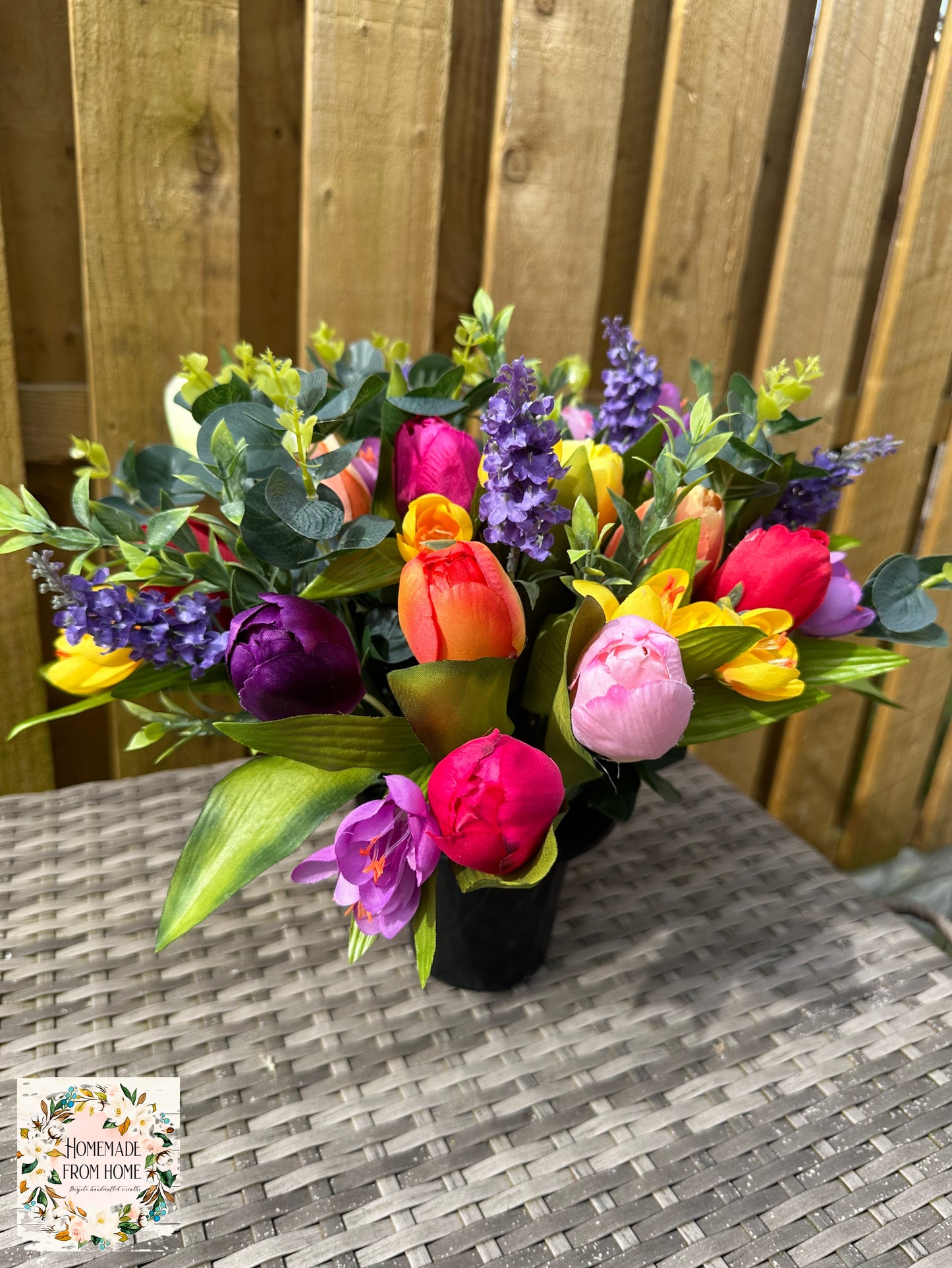 Multi coloured tulip cemetery pot