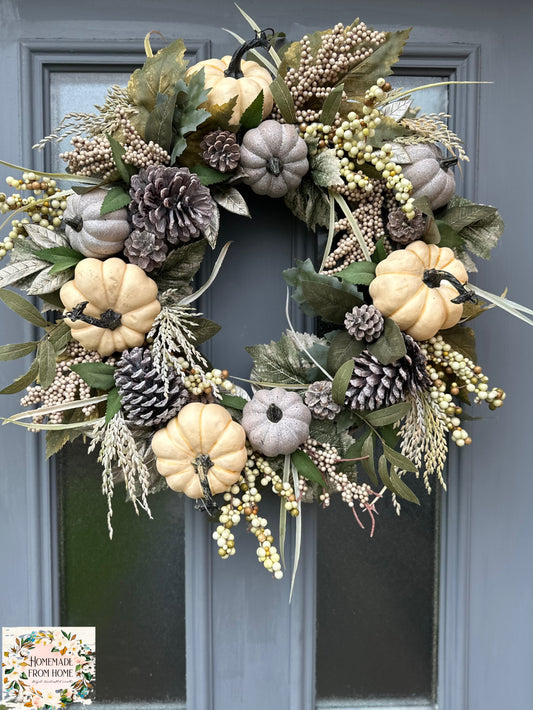 Full pumpkin and wheatgrass wreath