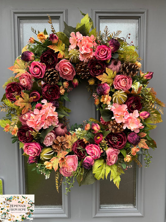 Burgundy peony & pink hydrangea wreath