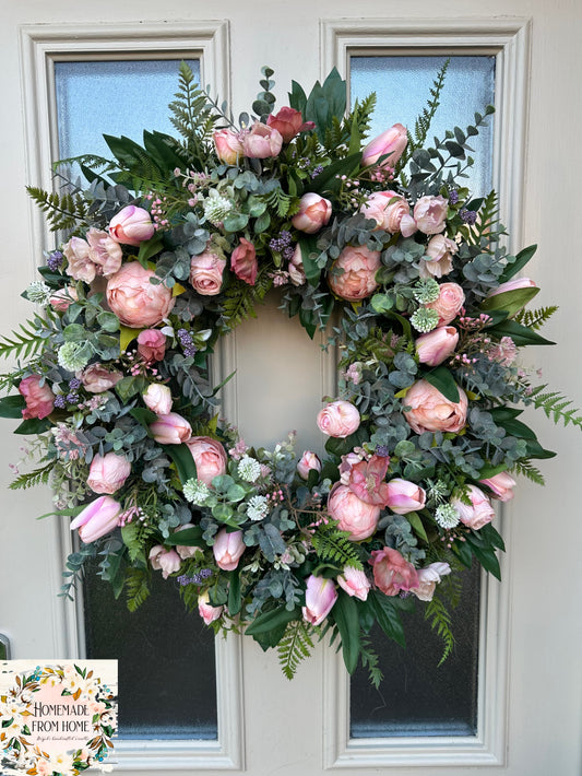 Pink peony & tulip spring wreath