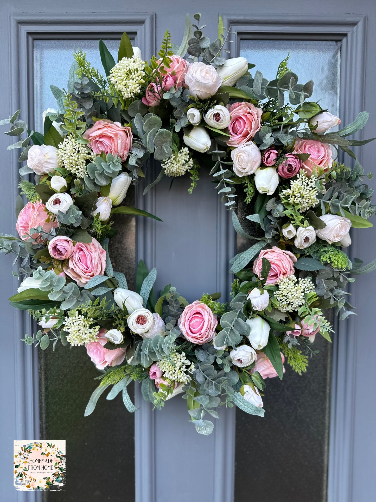 Pale pink rose and eucalyptus wreath