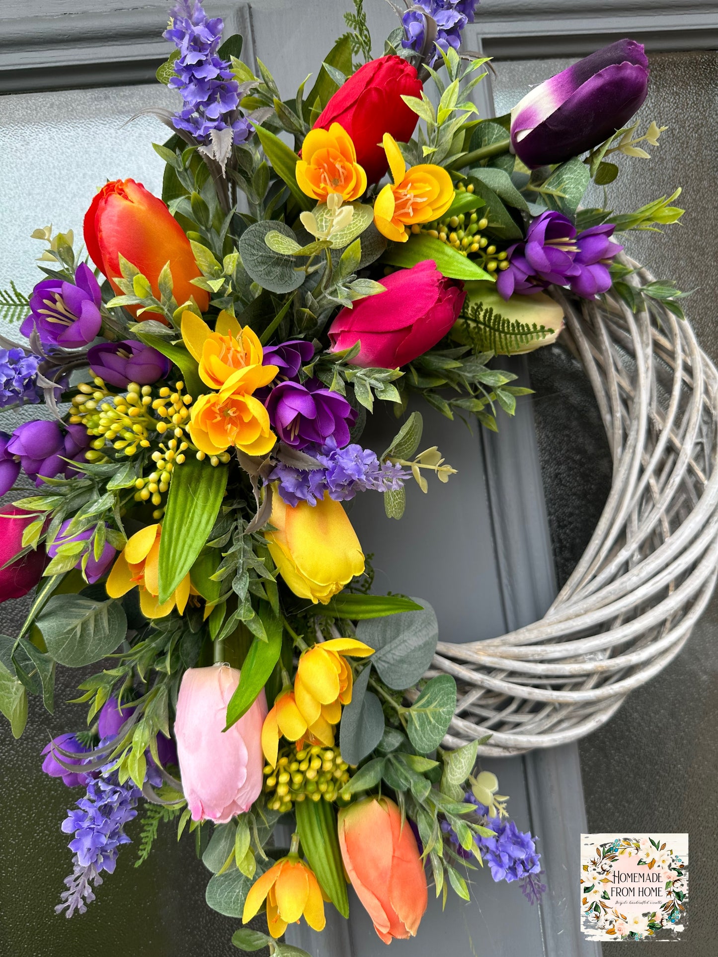 Colourful tulip & crocus wreath