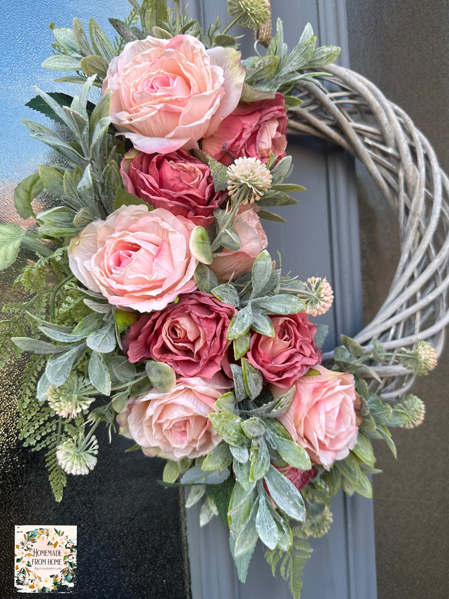 Vintage rose and ruscus wreath