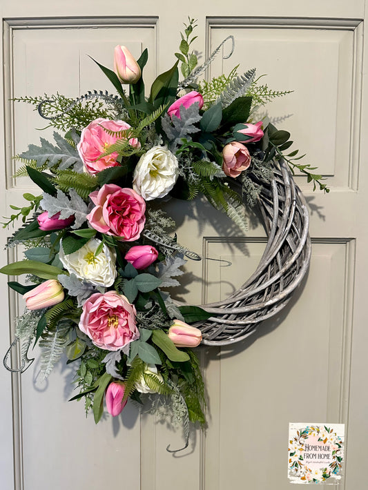 Pink cabbage rose signature spring wreath