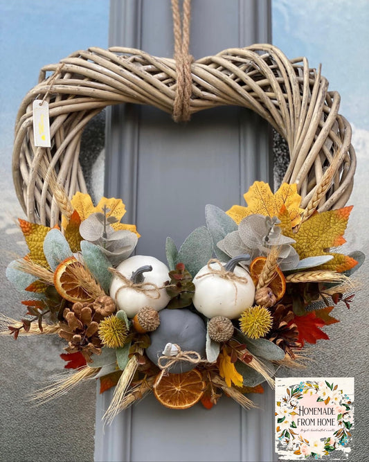 Farmhouse grey & white pumpkin wicker heart wreath