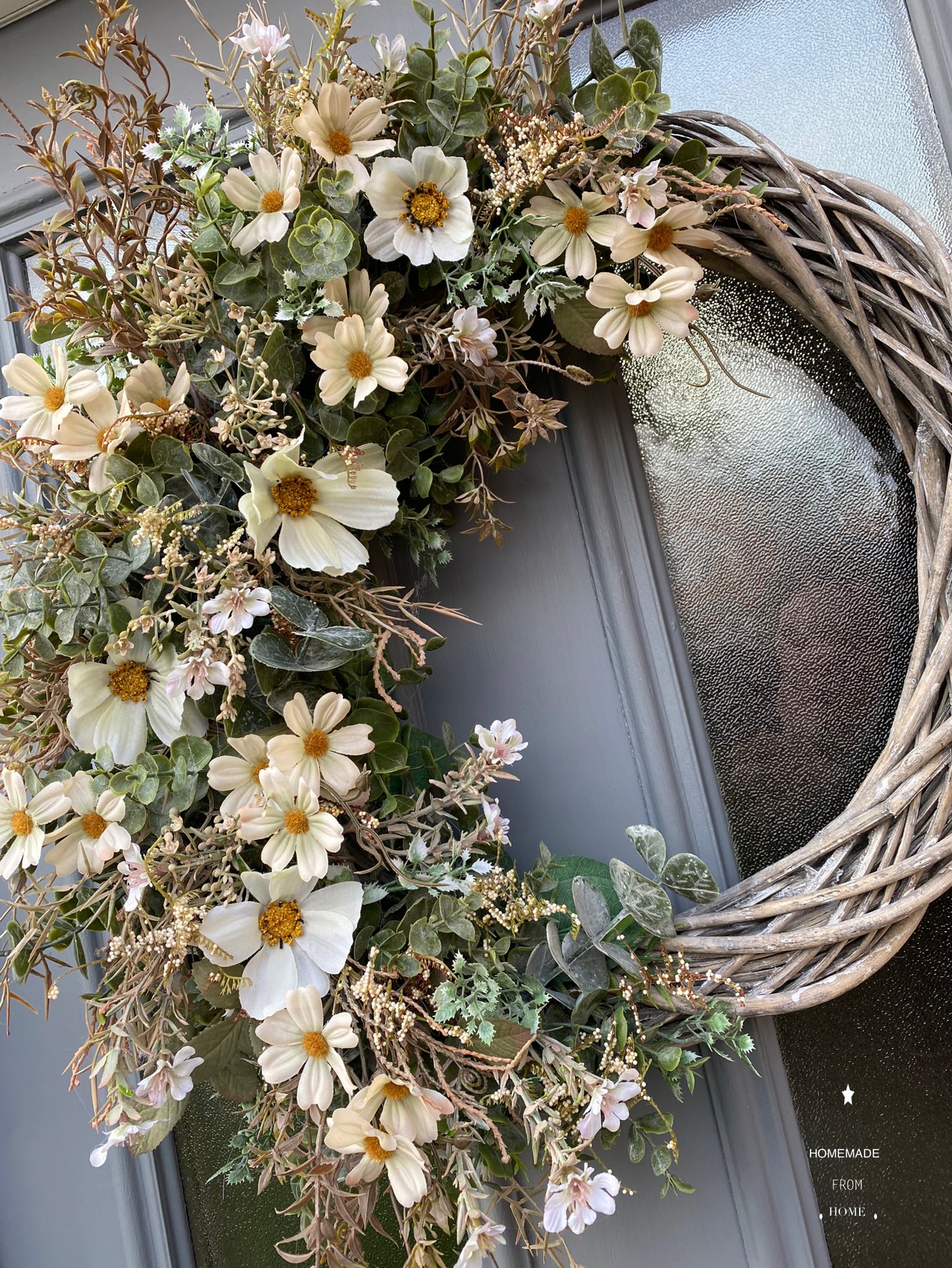 White cosmos & eucalyptus chunky wicker wreath