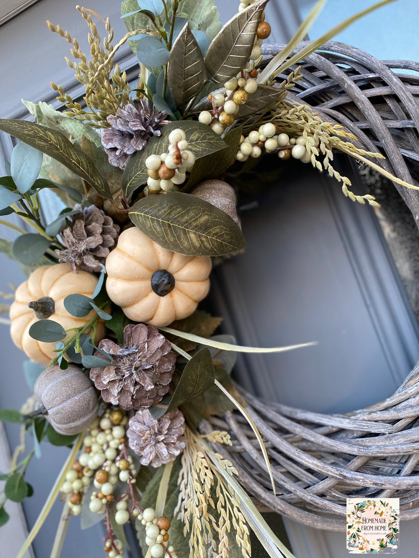 Grey pumpkin and rice flower signature wreath