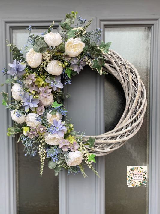 Blue lacecap hydrangea & cream peony signature wicker wreath