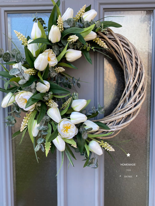 Ivory Tulip and muscari wicker wreath