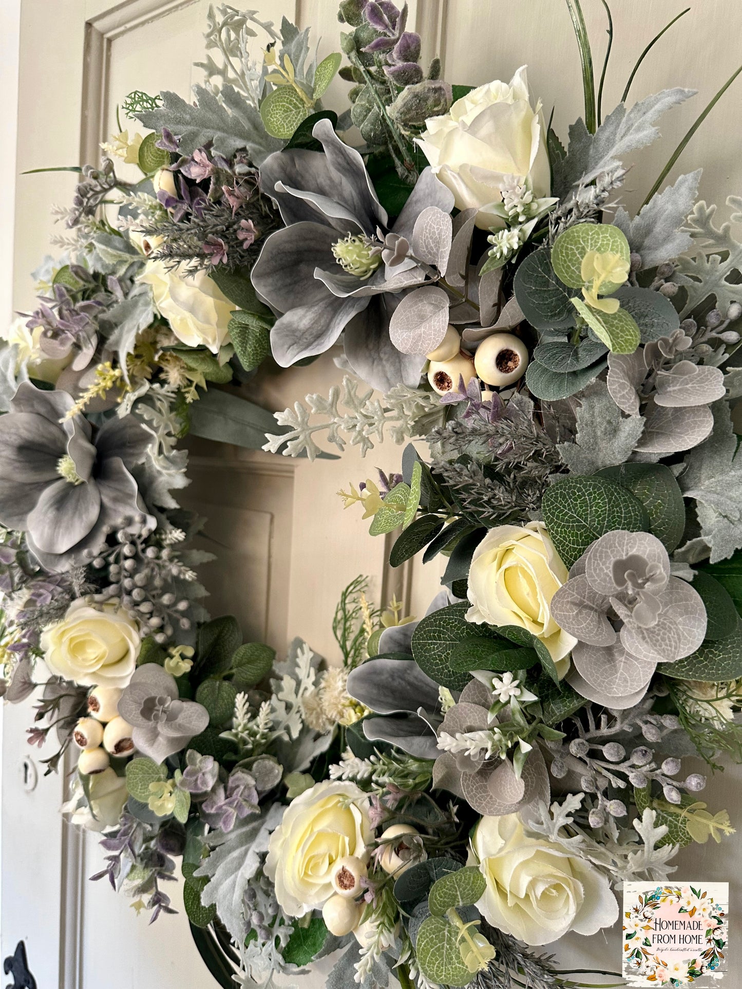 Grey magnolia & ivory rose wreath